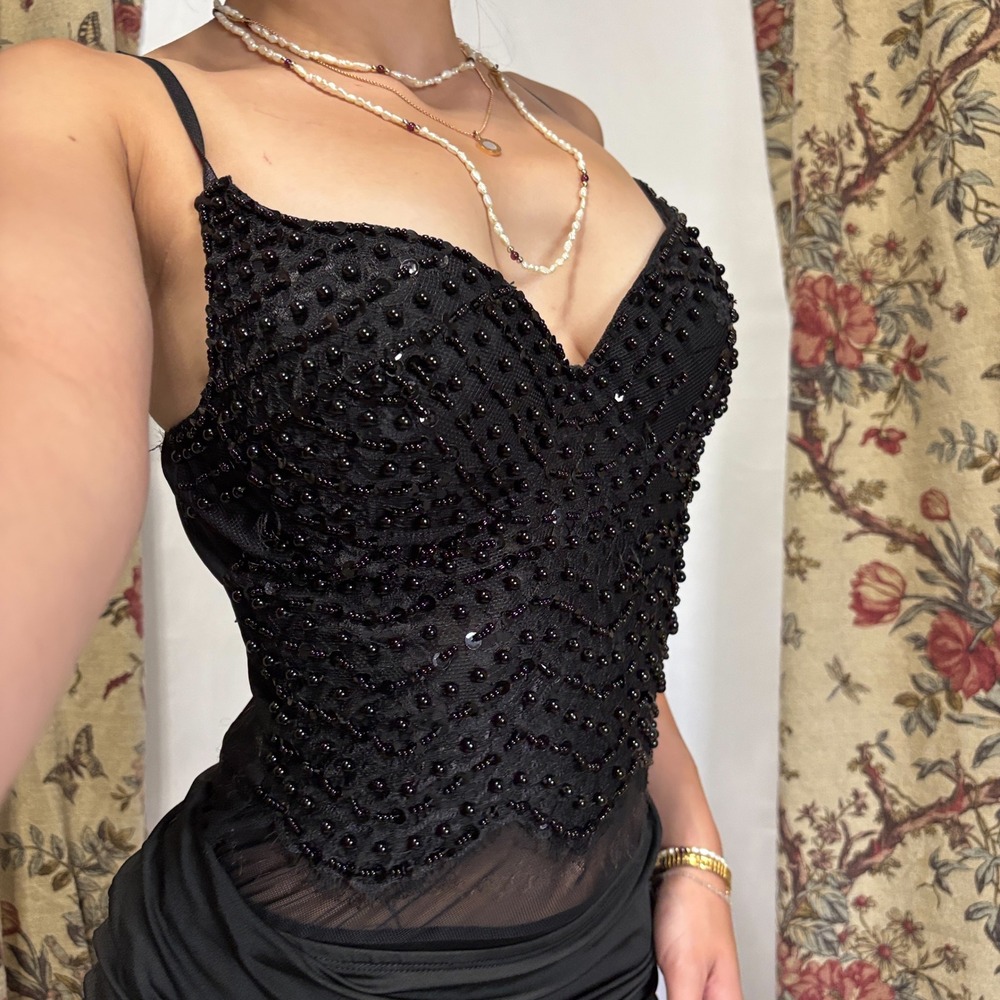 WINDSOR gorgeous black bodysuit tank with rhinestone beading  and mesh design